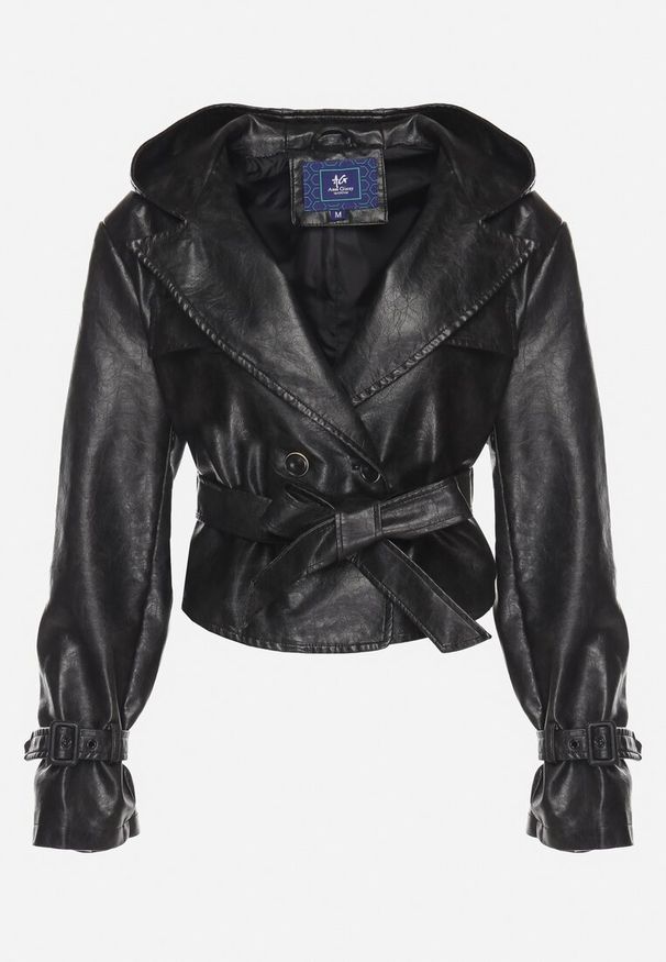 Born2be - Czarna Krótka Kurtka Typu Trencz z Imitacji Skóry z Kapturem i Wiązanym Paskiem Nilianiela. Okazja: na co dzień. Typ kołnierza: kaptur. Kolor: czarny. Materiał: skóra. Długość: krótkie. Wzór: paski. Styl: klasyczny, casual, elegancki