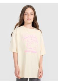 4f - 4F T-shirt oversize z nadrukiem dziewczęcy - beżowy 164 (13-14 lat). Okazja: na co dzień. Kolor: beżowy. Materiał: bawełna, jersey. Wzór: nadruk. Sezon: lato. Styl: klasyczny, casual, sportowy #1