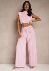 Renee - Różowe Szerokie Spodnie High Waist z Gumką w Talii Ilnena. Okazja: na co dzień, na spotkanie biznesowe, na spacer. Stan: podwyższony. Kolor: różowy. Materiał: materiał, wiskoza. Sezon: lato. Styl: biznesowy, elegancki, casual