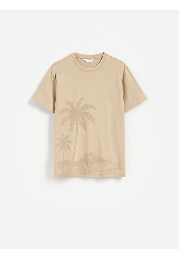 Reserved - T-shirt comfort z nadrukiem - beżowy. Kolor: beżowy. Materiał: bawełna, dzianina. Wzór: nadruk