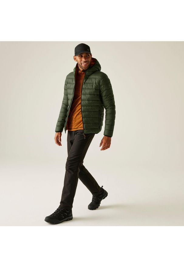 Regatta - Marizion Męska wodoodporna aktywna kurtka z kapturem z przegrodami. Typ kołnierza: kaptur. Kolor: zielony, brązowy, wielokolorowy. Materiał: puch. Sport: turystyka piesza
