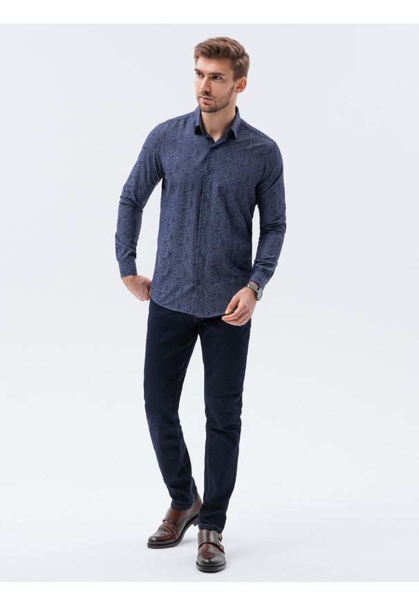 Ombre Clothing - Koszula męska elegancka z długim rękawem K591 - granatowa - XXL. Kolor: niebieski. Materiał: bawełna, poliester. Długość rękawa: długi rękaw. Długość: długie. Styl: elegancki