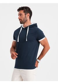Ombre Clothing - Casualowy męski t-shirt bawełniany z kapturem – granatowy V4 - Rozmiar: M. Okazja: na co dzień. Typ kołnierza: kaptur. Kolor: niebieski. Materiał: bawełna. Styl: casual #1