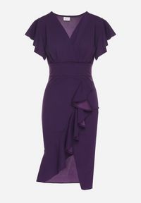 Born2be - Fioletowa Dopasowana Sukienka z Kopertowym Dekoltem i Falbankami Leolani. Okazja: na co dzień. Typ kołnierza: kołnierz z falbankami. Kolor: fioletowy. Materiał: jeans, tkanina. Sezon: lato. Typ sukienki: kopertowe. Styl: klasyczny, casual #7