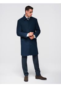 Ombre Clothing - Długi męski jednorzędowy płaszcz z kołnierzykiem i podpinką – granatowy V3 - Rozmiar: M. Okazja: na co dzień. Typ kołnierza: kołnierzyk koszulowy, komin. Kolor: niebieski. Materiał: materiał, syntetyk. Długość: długie. Wzór: jednolity. Styl: elegancki, casual, wizytowy #1