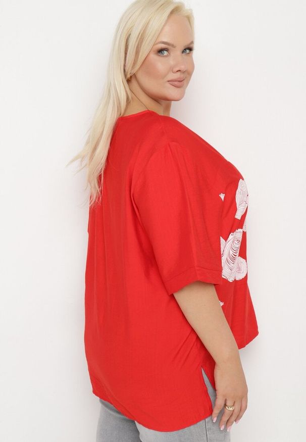 Born2be - Czerwony Bawełniany T-shirt z Nadrukiem i Kieszonką Lovelina. Kolor: czerwony. Materiał: bawełna. Wzór: nadruk. Styl: klasyczny, elegancki