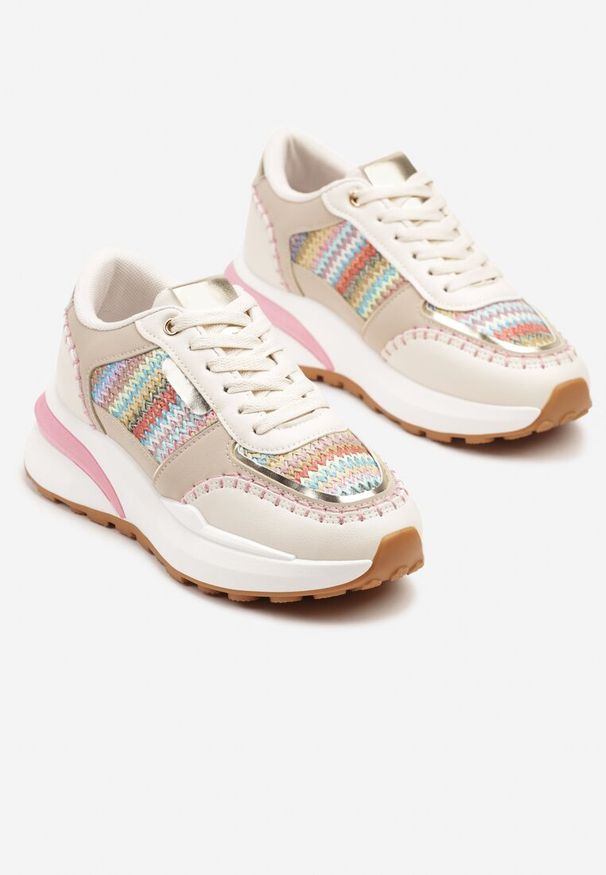 Renee - Beżowo-Różowe Sneakersy na Platformie ze Wstawkami z Plecionki Ninatia. Okazja: na co dzień. Kolor: beżowy. Materiał: jeans. Obcas: na platformie. Wysokość obcasa: średni