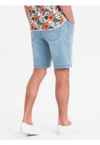 Ombre Clothing - Szorty męskie z gumką w pasie i efektem sprania – jasnoniebieskie V1 OM-SRDS-0192 - XXL. Okazja: na co dzień. Kolor: niebieski. Materiał: bawełna, materiał, skóra, elastan, denim. Sezon: lato. Styl: elegancki, casual #6