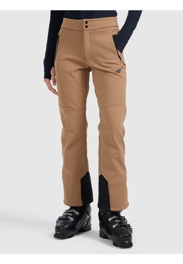 4f - 4F Spodnie narciarskie softshell membrana 10000 damskie - brązowe XS. Stan: podwyższony. Kolor: brązowy. Materiał: softshell. Wzór: gładki. Sezon: zima. Sport: narciarstwo