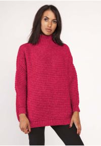 Lanti - Malinowy Ciepły Oversizowy Sweter z Golfem. Typ kołnierza: golf. Kolor: różowy. Materiał: wełna, poliamid, akryl #1