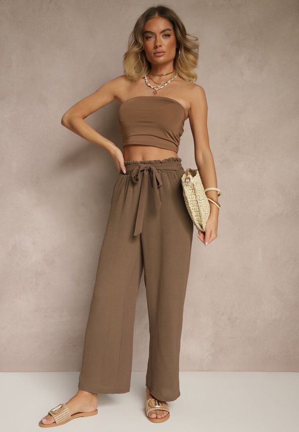 Renee - Ciemnobrązowe Spodnie z Wiskozą o Szerokim Kroju High Waist z Wiązaniem Ivelwia. Stan: podwyższony. Kolor: brązowy. Materiał: wiskoza. Sezon: lato