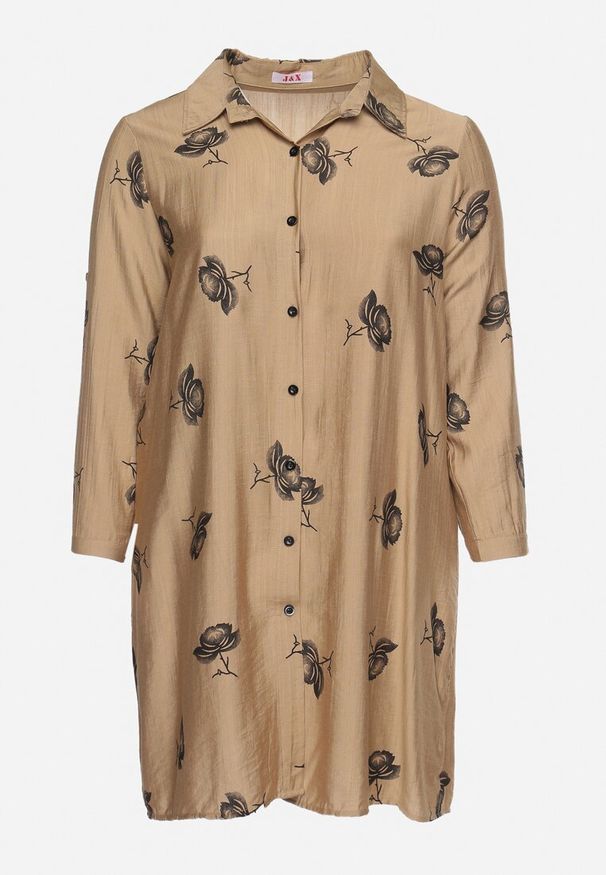 Born2be - Ciemnobeżowa Koszulowa Sukienka z Guzikami i Regulowanymi Rękawami Xatella. Kolekcja: plus size. Kolor: beżowy. Wzór: kwiaty. Typ sukienki: koszulowe