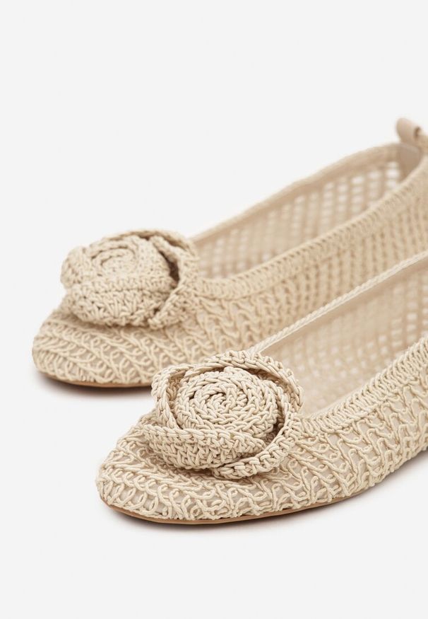 Born2be - Beżowe Plecione Balerinki Vices z Aplikacją i Wiązaniem Erlemia. Okazja: na co dzień. Kolor: beżowy. Wzór: aplikacja. Styl: casual, elegancki, klasyczny