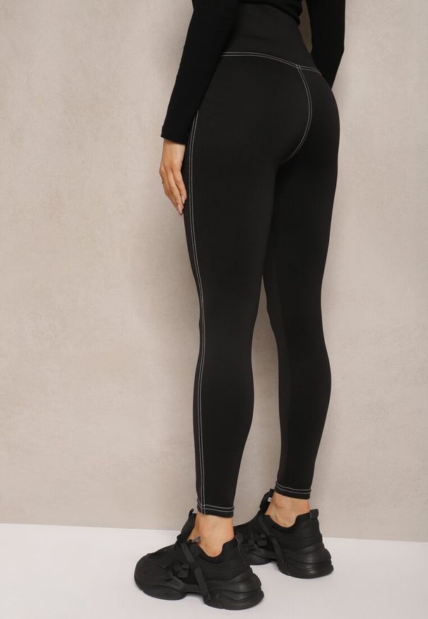 Renee - Czarne Legginsy High Waist w Jeansowy Wzór Elazara. Stan: podwyższony. Kolor: czarny. Materiał: jeans. Styl: elegancki, street