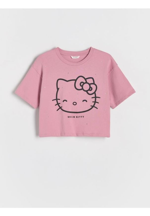 Reserved - T-shirt z nadrukiem Hello Kitty - brudny róż. Kolor: różowy. Materiał: bawełna. Długość: krótkie. Wzór: motyw z bajki, nadruk