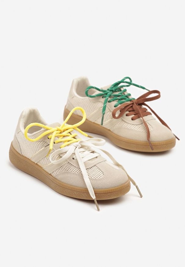 Born2be - Beżowe Sneakersy z Podwójnym Wiązaniem i Geometrycznym Wzorem Telanielia. Okazja: na spacer. Kolor: beżowy. Materiał: jeans. Wzór: geometria. Sport: turystyka piesza