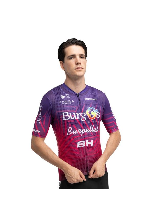 SIROKO - Męska letnia koszulka kolarska z krótkim rękawem Burgos Burpellet BH x Siroko. Kolor: fioletowy. Długość rękawa: krótki rękaw. Długość: krótkie. Sezon: lato. Sport: kolarstwo