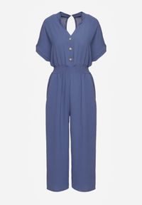 Renee - Granatowy Taliowany Kombinezon z Wiskozy Zapinany na Guziki Frisea. Kolor: niebieski. Materiał: wiskoza #8