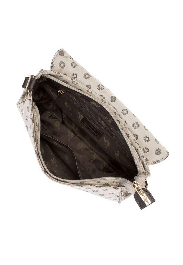 Wittchen - Torebka crossbody ze skóry i żakardu z monogramem. Kolor: beżowy. Wzór: aplikacja. Materiał: skórzane. Styl: elegancki, street