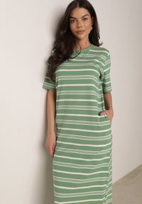 Born2be - Biało-Zielona Pudełkowa Sukienka z Bawełny w Poziome Paski Diove. Okazja: do pracy, na co dzień, na spacer. Kolor: biały. Materiał: bawełna. Wzór: paski. Typ sukienki: proste. Styl: klasyczny, casual #4