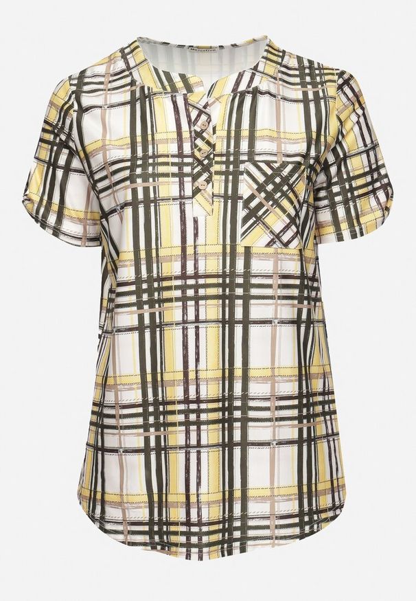 Born2be - Żółto-Beżowa Bluzka w Kratę z Guzikami i Kieszonką Alerasi. Kolor: żółty. Styl: klasyczny, elegancki