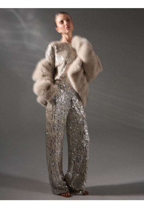 Sinsay - Cekinowe spodnie wide leg - srebrny. Kolor: srebrny