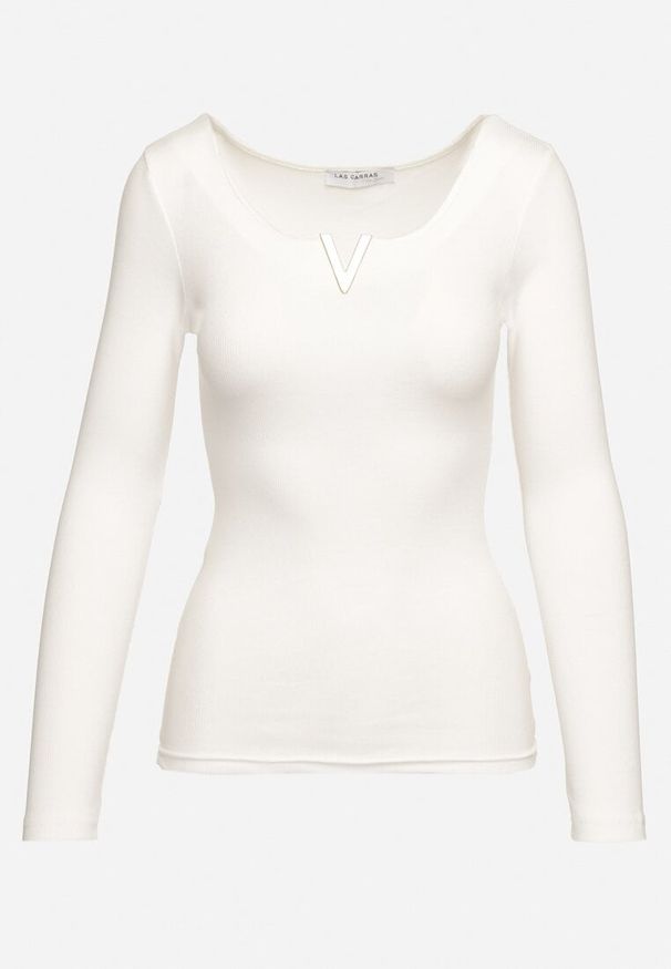 Born2be - Biała Bawełniana Bluzka z Metaliczną Wstawką przy Dekolcie Xenamia. Kolor: biały. Materiał: bawełna. Wzór: aplikacja. Styl: wizytowy