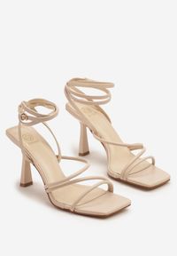 Born2be - Beżowe Sandały na Szpilce z Kwadratowym Noskiem Reazania. Okazja: na co dzień. Zapięcie: sprzączka. Kolor: beżowy. Materiał: jeans. Wzór: aplikacja. Obcas: na szpilce. Styl: klasyczny, casual, elegancki #6