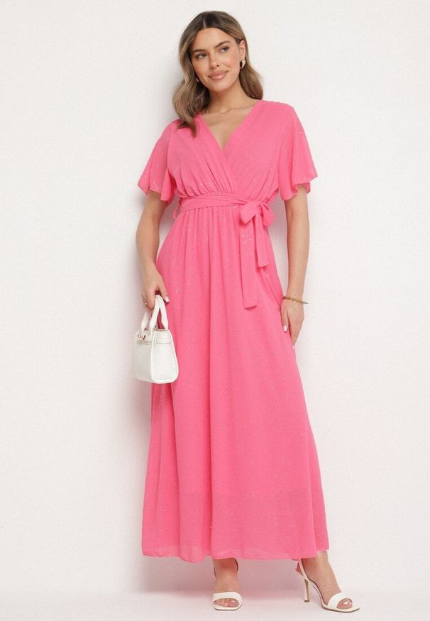 Born2be - Fuksjowa Brokatowa Sukienka Koktajlowa Ozdobiona Paskiem Ziliane. Okazja: na imprezę. Kolor: różowy. Wzór: aplikacja. Styl: wizytowy