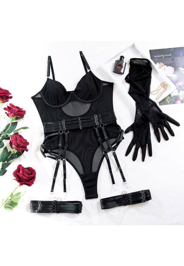 Intica - Body z pasem do pończoch i rękawiczkami na romantyczne wieczory Orelia. Kolor: czarny. Materiał: materiał