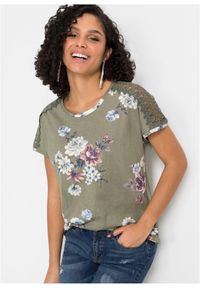 bonprix - Shirt z nadrukiem i koronką. Kolor: zielony. Materiał: koronka. Wzór: koronka, nadruk