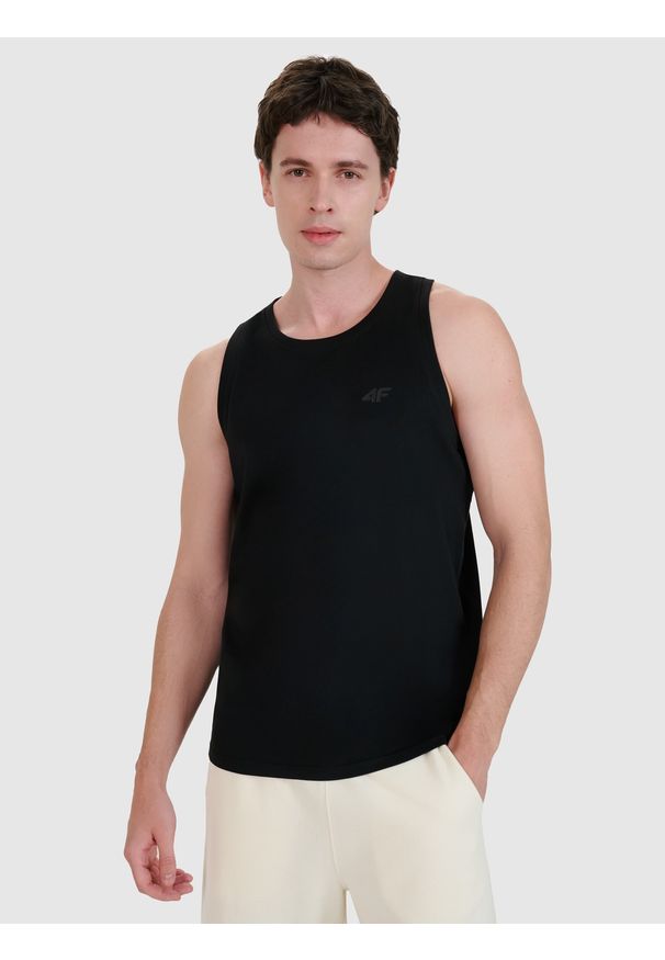 4f - 4F Tank top regular gładki męski - czarny XL. Kolor: czarny. Materiał: jersey, dzianina, bawełna. Długość rękawa: bez rękawów. Wzór: gładki