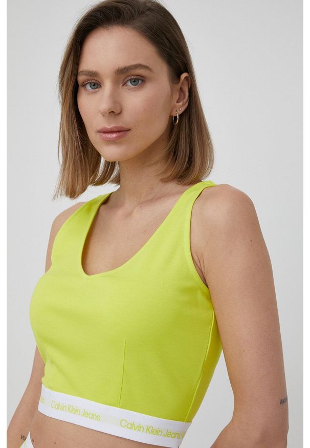 Calvin Klein Jeans top damski kolor żółty. Kolor: żółty. Materiał: materiał, włókno. Długość rękawa: na ramiączkach