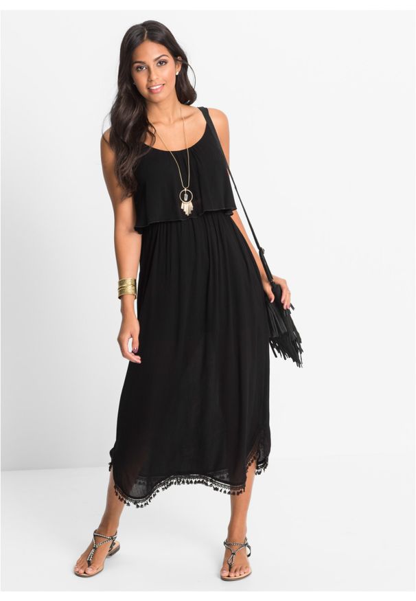 bonprix - Sukienka maxi z kreszowanego materiału. Kolor: czarny. Materiał: materiał. Długość rękawa: bez ramiączek. Styl: elegancki. Długość: midi, maxi