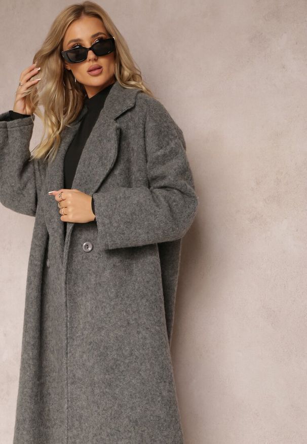 Renee - Ciemnoszary Długi Płaszcz Jednorzędowy o Kroju Oversize Vlekoma. Kolor: szary. Materiał: poliester, wełna. Długość: długie. Styl: elegancki