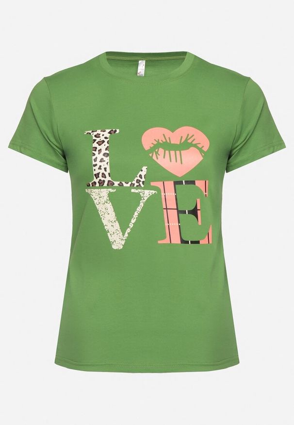 Born2be - Zielony T-shirt z Krótkim Rękawem i Ozdobnym Nadrukiem Testolene. Okazja: na co dzień. Kolekcja: plus size. Kolor: zielony. Materiał: jeans. Długość rękawa: krótki rękaw. Długość: krótkie. Wzór: nadruk. Styl: wizytowy, klasyczny, casual