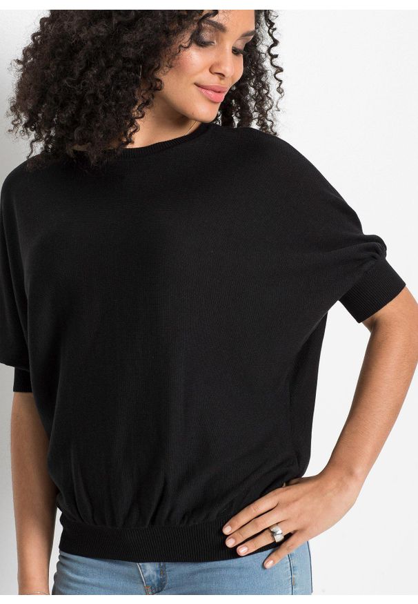 bonprix - Sweter z cienkiej dzianiny z mieszanki bawełny. Kolor: czarny. Materiał: dzianina, bawełna. Długość rękawa: krótki rękaw. Długość: krótkie. Wzór: gładki, ze splotem