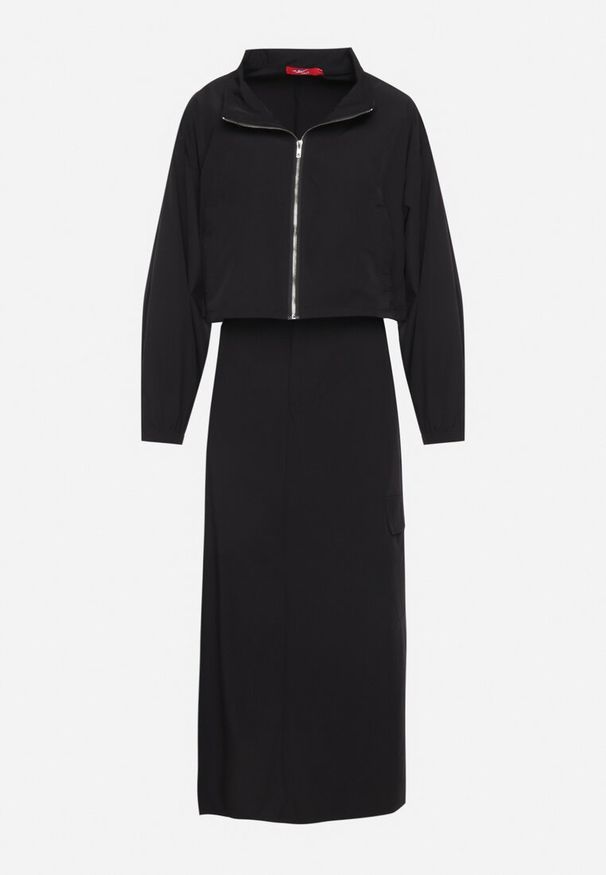 Born2be - Czarny Komplet Casualowy Bluza z Suwakiem i Stójką oraz Spódnica z Kieszeniami Hettora. Kolor: czarny