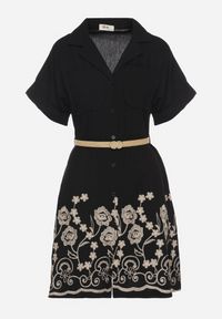 Born2be - Czarna Bawełniana Sukienka Koszulowa o Rozkloszowanym Kroju z Paskiem i Haftem Nalione. Okazja: na co dzień, na imprezę. Typ kołnierza: kołnierzyk klasyczny. Kolor: czarny. Materiał: bawełna. Długość rękawa: krótki rękaw. Wzór: haft. Typ sukienki: koszulowe. Styl: klasyczny, casual, elegancki #2