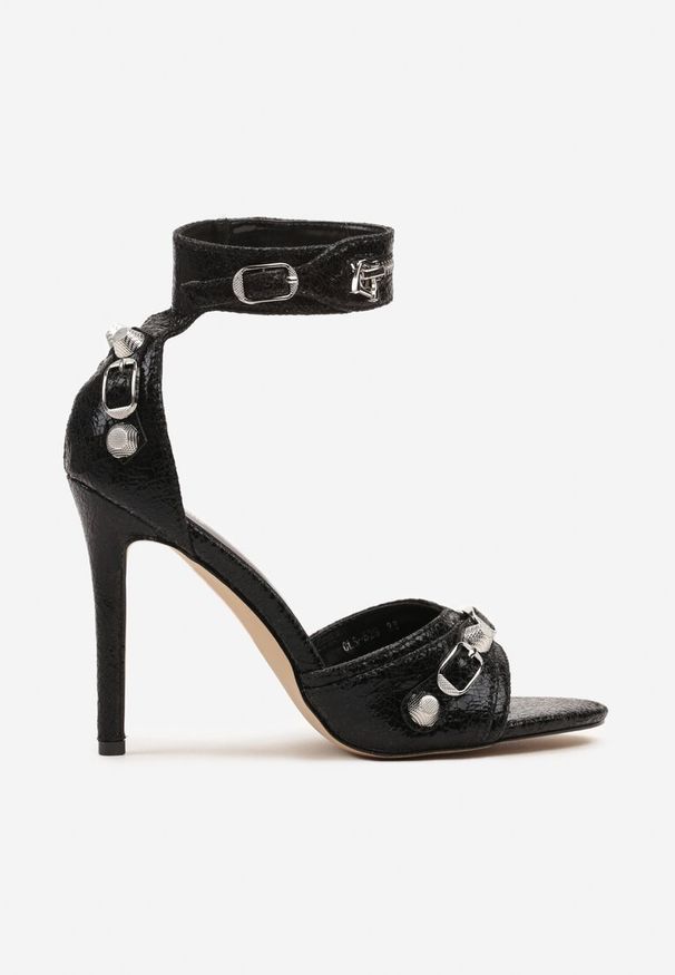 Renee - Czarne Sandały na Szpilce z Ozdobnym Suwakiem i Metalicznymi Klamrami Zefine. Zapięcie: klamry. Kolor: czarny. Materiał: jeans. Obcas: na szpilce. Styl: elegancki, klasyczny. Wysokość obcasa: wysoki