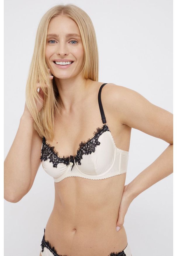 TwinSet - Twinset - Biustonosz. Kolor: beżowy. Materiał: dzianina. Rodzaj stanika: biustonosz z fiszbinami. Wzór: aplikacja