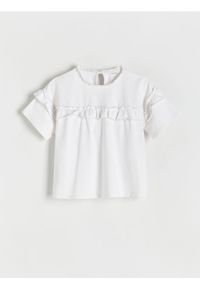 Reserved - T-shirt z falbaną - złamana biel. Materiał: bawełna