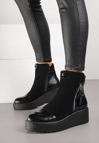 Born2be - Czarne Botki Vices na Platformie z Tłoczeniem Krokodyla Falarena. Okazja: na co dzień. Kolor: czarny. Materiał: jeans. Obcas: na platformie. Styl: klasyczny, casual