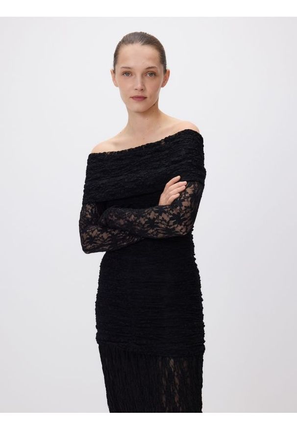 Reserved - Strukturalna sukienka maxi - czarny. Kolor: czarny. Materiał: dzianina. Długość: maxi