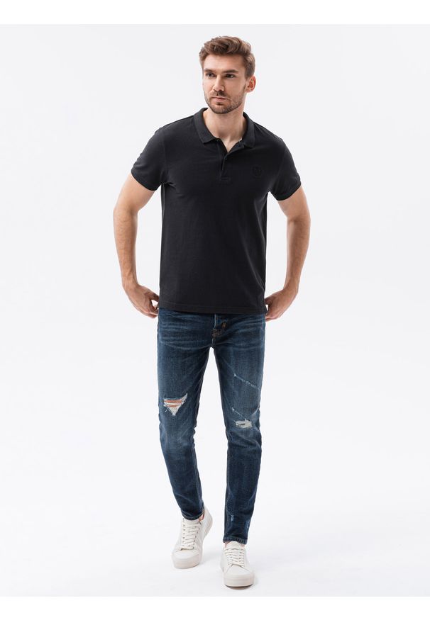Ombre Clothing - Koszulka męska polo klasyczna bawełniana S1374 - czarna - XXL. Typ kołnierza: polo. Kolor: czarny. Materiał: bawełna. Wzór: haft. Styl: klasyczny