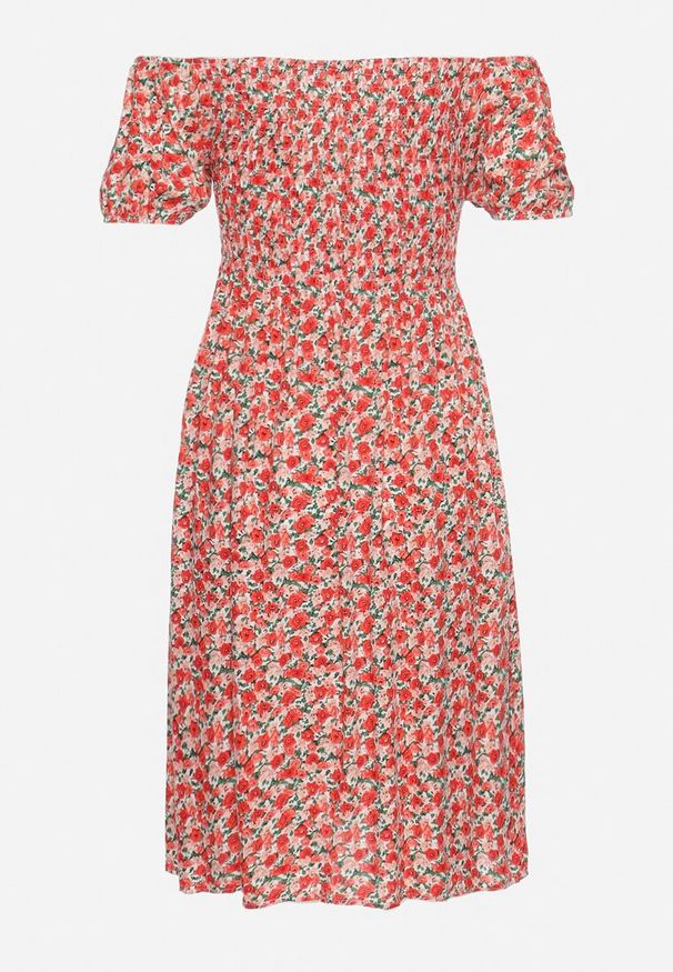 Born2be - Czerwona Wiskozowa Sukienka Hiszpanka z Gumkami w Pasie Valdina. Okazja: na co dzień. Typ kołnierza: dekolt hiszpanka. Kolor: czerwony. Materiał: wiskoza. Długość rękawa: krótki rękaw. Sezon: lato. Styl: wakacyjny, casual