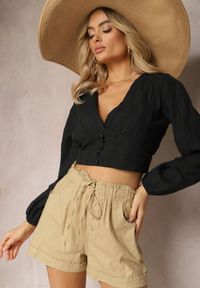 Renee - Beżowe Szorty z Guzikami i Gumką w Pasie Ściągane Troczkiem Amalilena. Kolor: beżowy. Materiał: szyfon. Długość: krótkie. Styl: elegancki