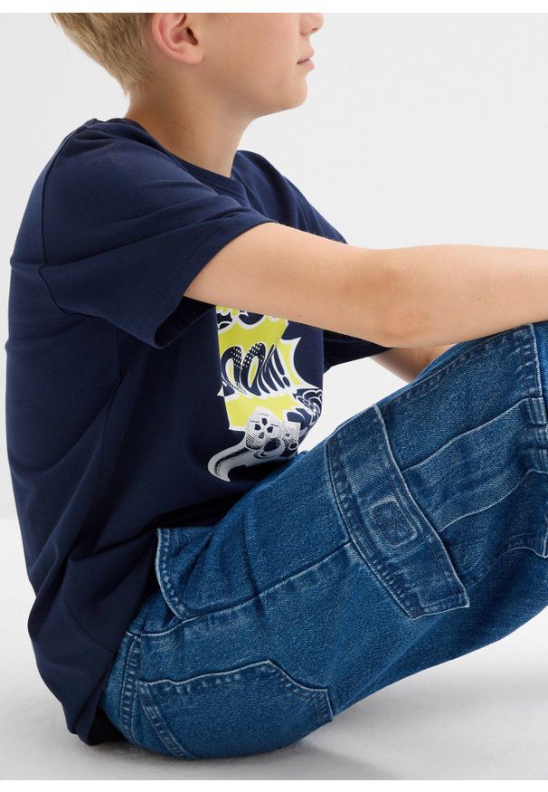 bonprix - Dżinsy typu cargo w fasonie loose fit z regulowanym pasem, prosta nogawka. Kolor: niebieski