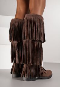 Renee - Brązowe Kozaki w Stylu Boho z Frędzlami Funama. Kolor: brązowy. Materiał: jeans. Styl: boho #3