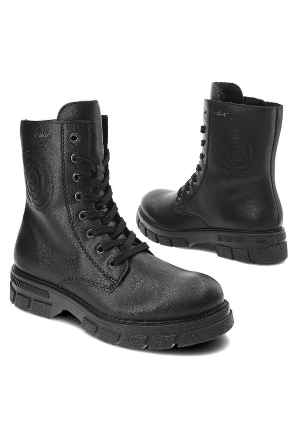 Czarne Botki Rieker Wygodne Ocieplane Workery Damskie. Okazja: na spacer, na co dzień. Zapięcie: sznurówki. Kolor: czarny. Materiał: skóra. Styl: elegancki, casual, klasyczny